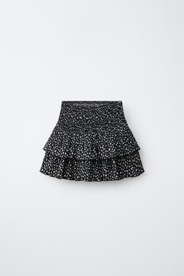ZARA ЮБКА С ПРИНТОМ И ВОЛАНОМ, ЧЕРНЫЙ