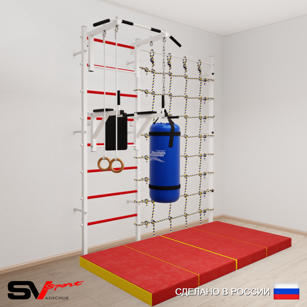 Шведская стенка Sv Sport 57160 (Турник стандарт/Брусья/Кольца/Цепь/Мешок 22кг/Мат 2м/Канатный лаз)