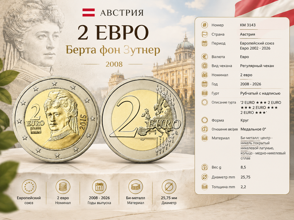 Австрия 2 евро, 2015 Берта фон Зутнер aUNC