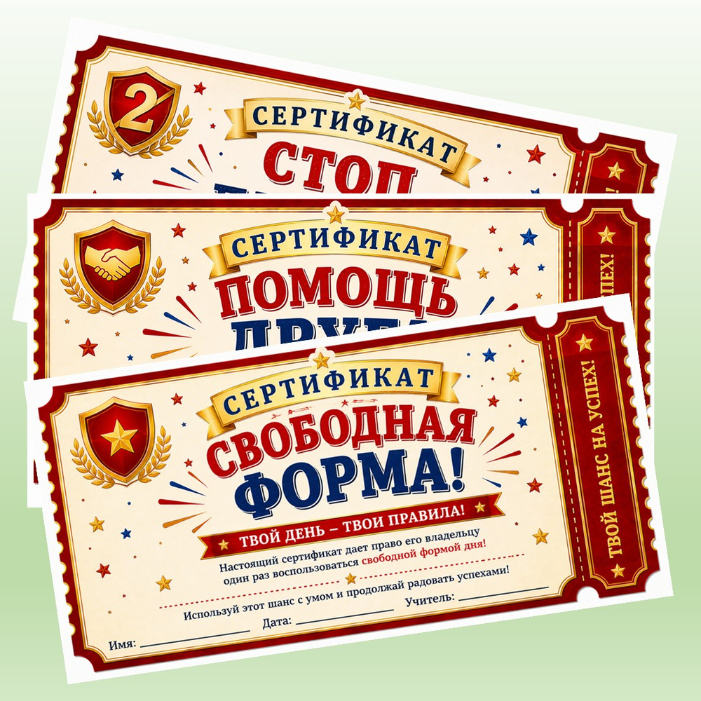 Мотивационные подарочные сертификаты для школьников. 8 шт. PDF-материал