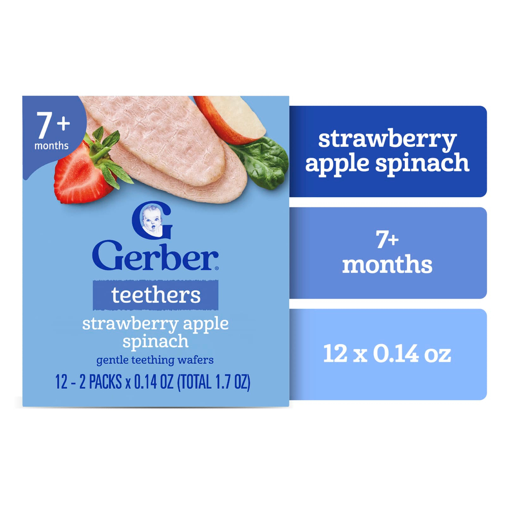 Gerber, прорезыватели, вафли для нежного прорезывания зубов, для детей от 7 месяцев, клубника, яблоко и шпинат, 12 пакетиков по 2 шт. в индивидуальной упаковке по 4 г (0,14 унции)