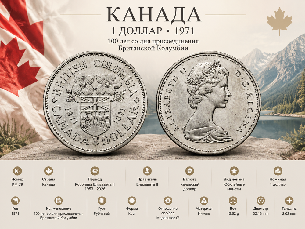 Канада 1 доллар, 1971 Присоединения Британской Колумбии