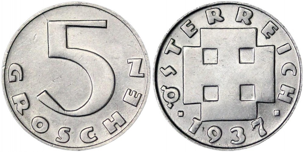 Австрия 5 грошей, 1931 - 1938 Крест XF