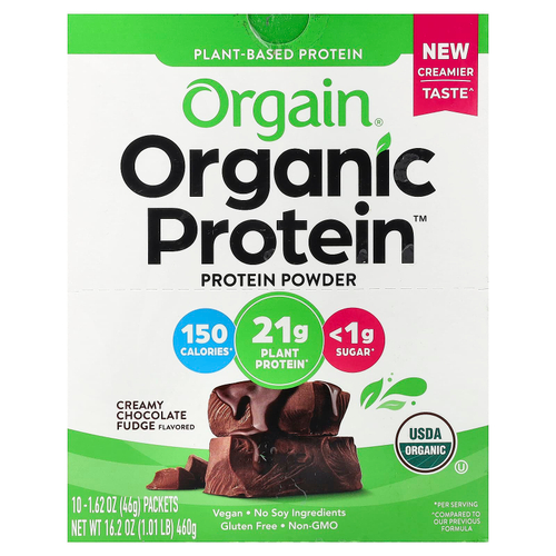 Orgain, Organic Protein™, порошок из растительных ингредиентов, шоколадная помадка, 10 пакетиков по 46 г (1,62 унции)