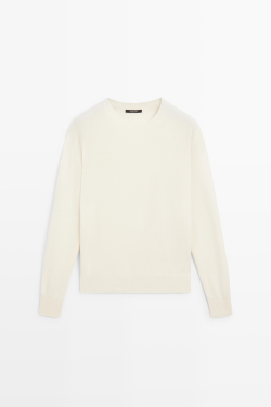 Massimo Dutti Вязаный свитер с круглым вырезом из смесовой шерсти, натуральный/кремовый