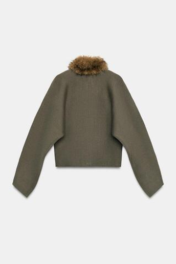 ZARA ТРИКОТАЖНЫЙ КАРДИГАН С ЭФФЕКТОМ МЕХА, ХАКИ