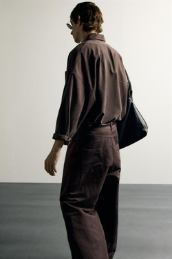ZARA БРЮКИ RELAXED FIT ИЗ ХЛОПКА И ЛЬНА, ШОКОЛАДНЫЙ