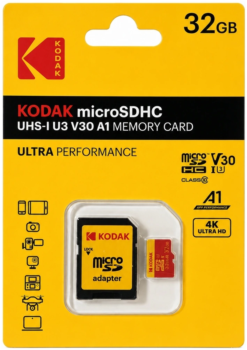 Карта памяти Kodak Ultra Performance 32GB microSDXC UHS-I U3 V30 A1, R/W 100/80 МБ/с