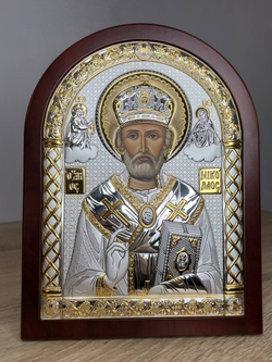 Николай Чудотворец, икона арочная, красное дерево 105х140 — детальный вид
