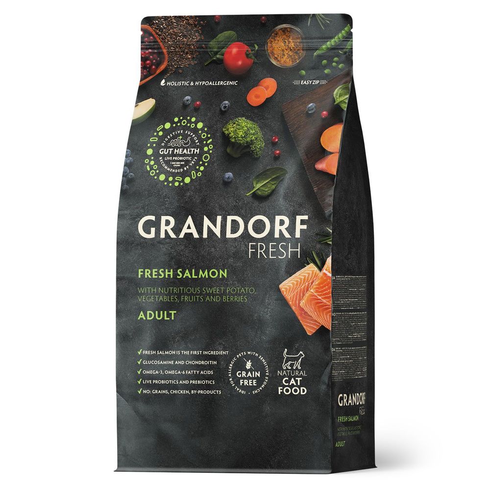 Сухой корм GRANDORF Fresh Cat ADULT Salmon&Sweet Potato для кошек из свежего филе лосося с бататом