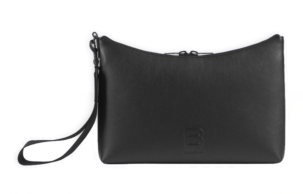 Balenciaga Zip Closure Grain Calfskin Clutch Men"s Black