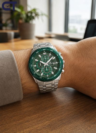 CASIO EFR-539DE-3AVUDF EDIFICE мужские наручные часы — крупный хронограф с зелёным циферблатом и зелёным IP-безелем
