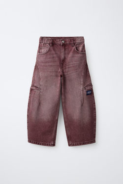 ZARA БРЮКИ BARREL КАРГО С НАШИВКОЙ, БАКЛАЖАННЫЙ