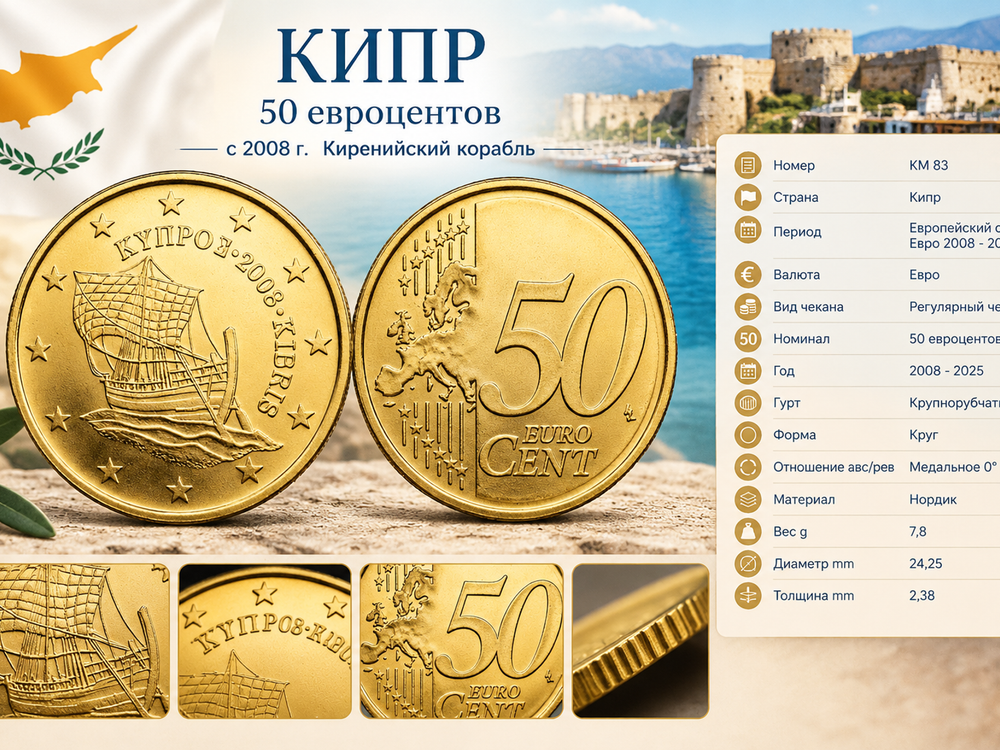 Кипр 50 евроцентов, 2008 Киренийский корабль XF
