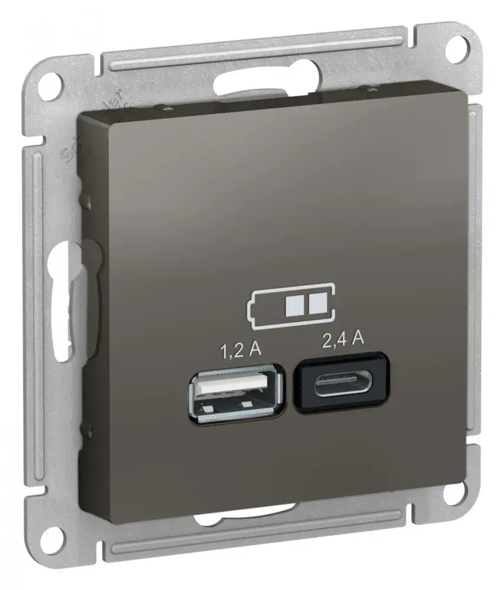 ATLASDESIGN USB РОЗЕТКА А+С, 5В/2,4А, 2х5В/1,2А, механизм, СТАЛЬ