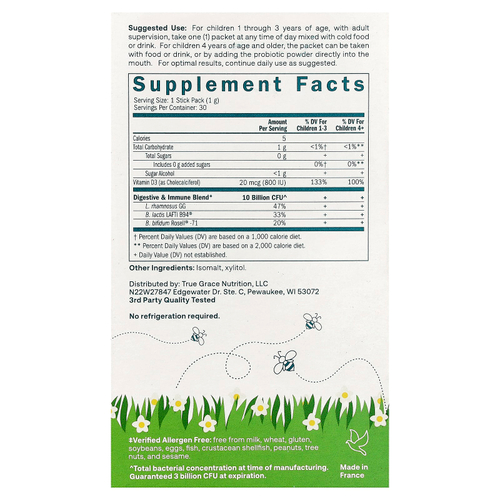 True Grace, True Littles™  Probiotic + D3, 30 Individual Stick Packs, 0.04 oz (1 g) Each