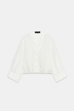 ZARA РУБАШКА ИЗ СМЕСОВОГО ЛЬНА С ПЕТЕЛЬНЫМИ ЗАСТЕЖКАМИ, БЕЛЫЙ