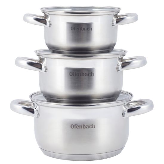 Набор кастрюль 6 предметов ( 1,1 л; 1,7 л; 2,4 л) Ofenbach NB 100002 из нержавеющей стали