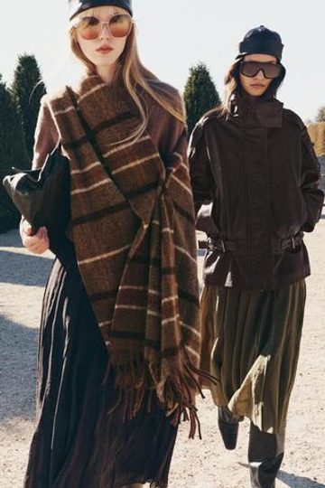 ZARA ШАРФ В КЛЕТКУ С БАХРОМОЙ, СЕРОВАТО-КОРИЧНЕВЫЙ