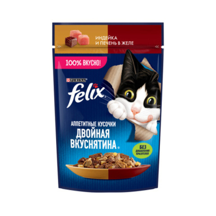 Felix, Влажный корм для кошек, Двойная Вкуснятина с индейкой и печенью, в желе 75 гр.
