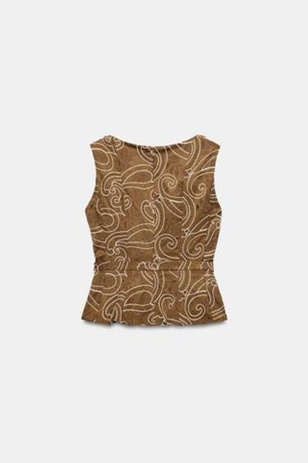 ZARA ТОП С ВЫШИВКОЙ И ПОЯСОМ, МЯГКИЙ КАШТАНОВЫЙ