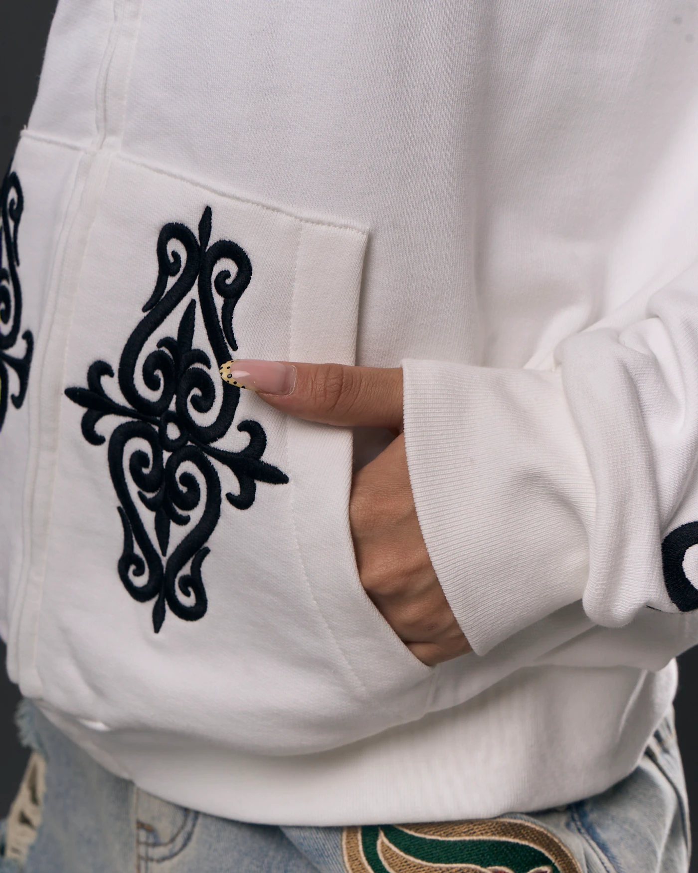 White Zip Hoodie with Signature Ornament Embroidery