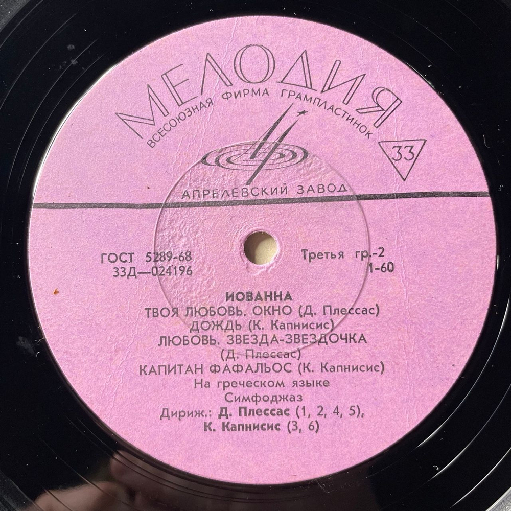 Винтажная виниловая пластинка LP Иованна Yovanna (СССР 1969)