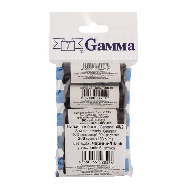 Нитки швейные бытовые Gamma 40/2, 183 м / 10 кат, 00 черный