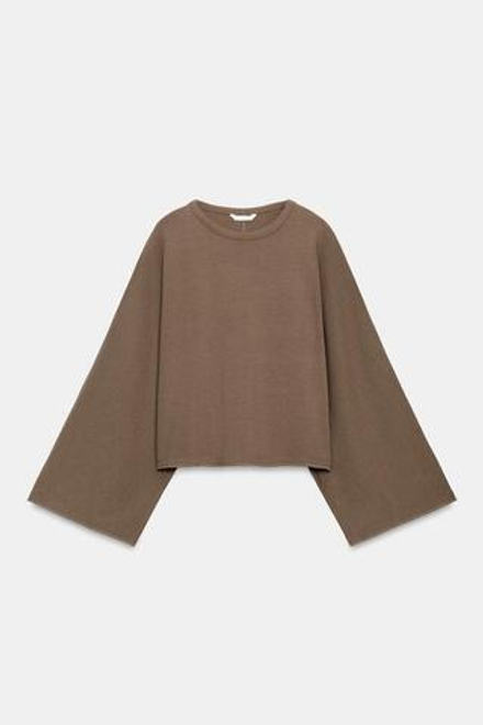 ZARA ХЛОПКОВАЯ ФУТБОЛКА С ШИРОКИМИ РУКАВАМИ, СЕРО-КОРИЧНЕВЫЙ