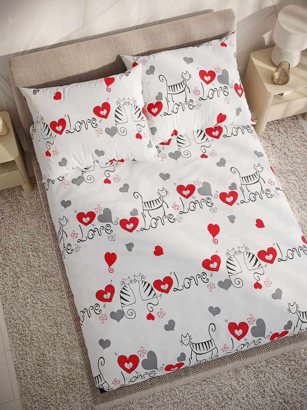 Постельное белье поплин Сказка "Lovecats" 2-спальное Наволочка 50х70 см 2 шт Простынь на резинке 160x200 см Пододеяльник 175x215 см