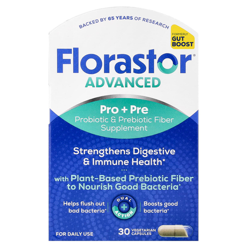 Florastor, Advanced, Pro + Pre, Probiotic & Prebiotic Fiber Supplement, 30 Vegetarian Capsules