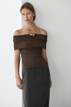 Massimo Dutti Хлопковый топ с открытыми плечами, коричневый