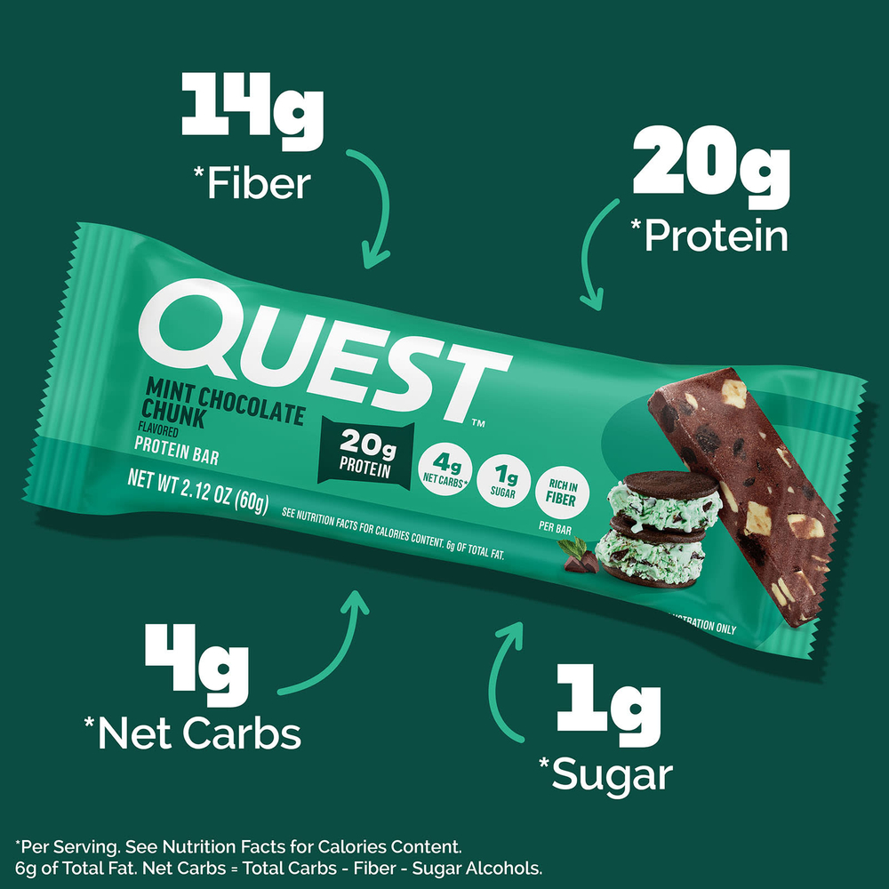 Quest Nutrition, протеиновый батончик, с кусочками мятного шоколада, 12 батончиков по 60 г (2,12 унции)
