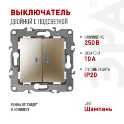 Выключатель ЭРА Серия 12 12-1105-04 двойной с подсветкой скрытой установки 10АХ-250В | Эра 12