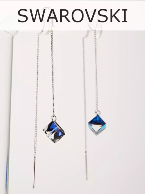 Серьги-протяжки Миражи с синими кубиками Swarovski
