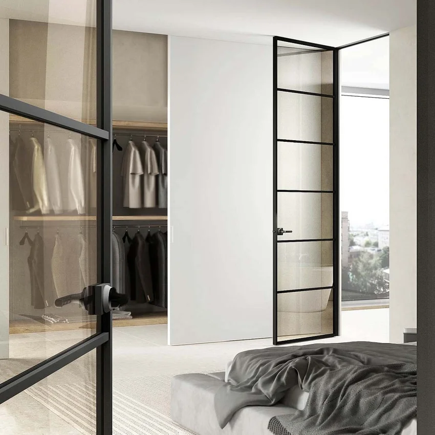 Межкомнатная алюминиевая дверь в скрытом коробе Loft 7 стекло бронзовое прозрачное