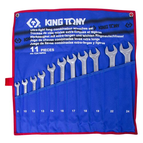 KING TONY (12A1MRN) Набор комбинированных удлиненных ключей, 8-24 мм, чехол из теторона, 11 предметов