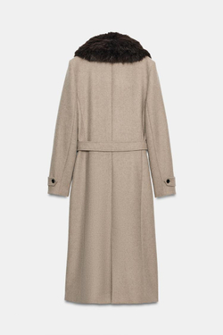 ZARA ПАЛЬТО ИЗ СМЕСОВОЙ ШЕРСТИ СО СЪЕМНОЙ ОТДЕЛКОЙ ПОД МЕХ, СВЕТЛЫЙ СЕРО-КОРИЧНЕВЫЙ