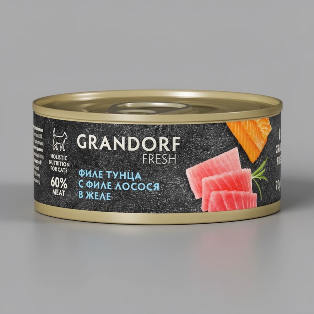 Консервы для кошек GRANDORF FRESH Филе тунца с филе лосося в желе 70 г Консервы для кошек GRANDORF FRESH Филе тунца с филе лосося в желе 70 г