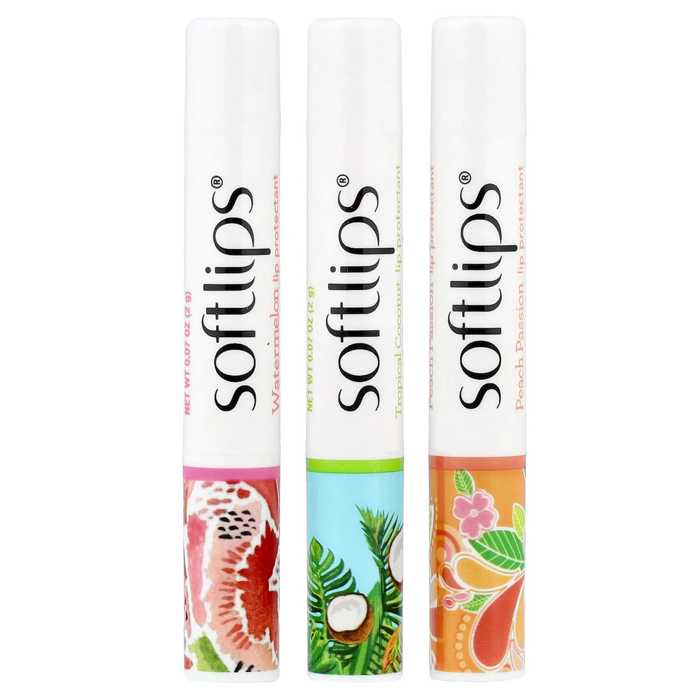 Softlips, Средство для губ, арбуз, тропический кокос, персиковая страсть, 3 пакетика по 2 г (0,07 унции)