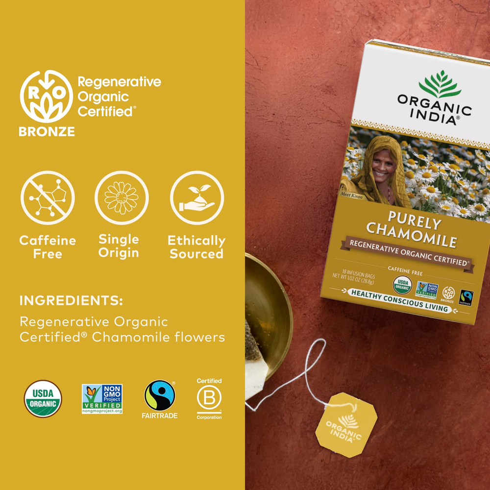 Organic India, чай с ромашкой, без кофеина, 18 пакетиков для заваривания, 28,8 г (1,02 унции)