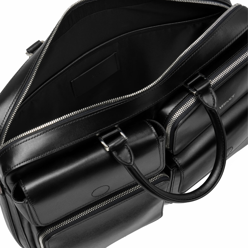 VERSACE Smooth Leather With Cow Leather One Shoulder Crossbody Handheld Briefcase Laptop Bag Men"s Black