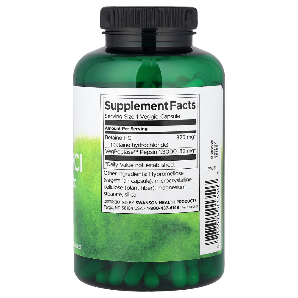 Swanson Vitamins, бетаин гидрохлорид, соляная кислота с VegPeptase™, 250 растительных капсул