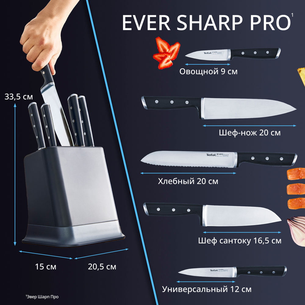 Набор ножей и блок Tefal Ever Sharp PRO со встроенной точилкой 5 предметов K297S644