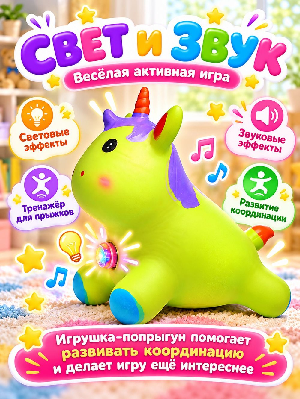 Прыгун Единорог со светом и звуком зеленый (00-8350-3)