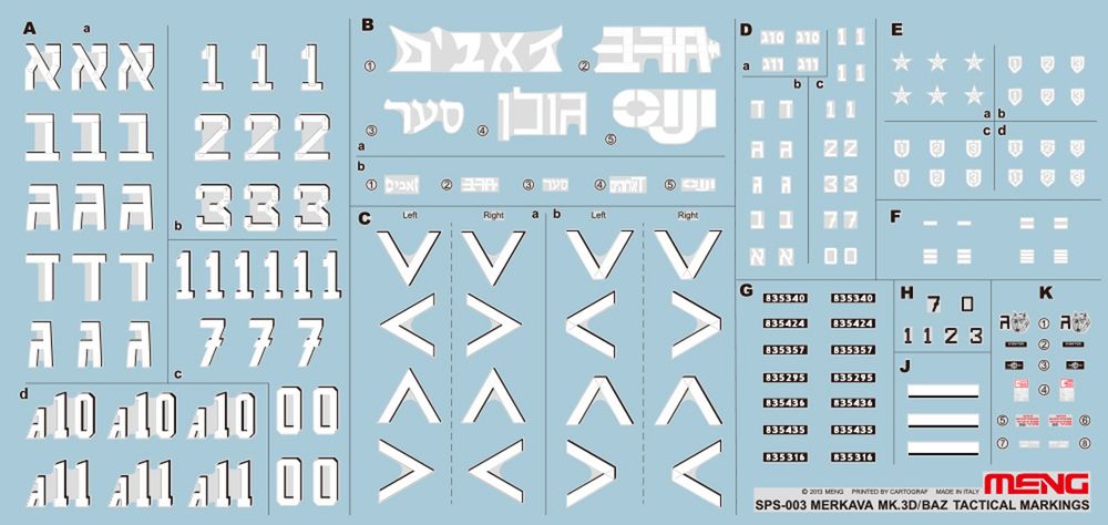Модель сборная: маркировка танка, MERKAVA Mk.3D/BAZ Tactical Markings 1/35, Meng SPS-003
