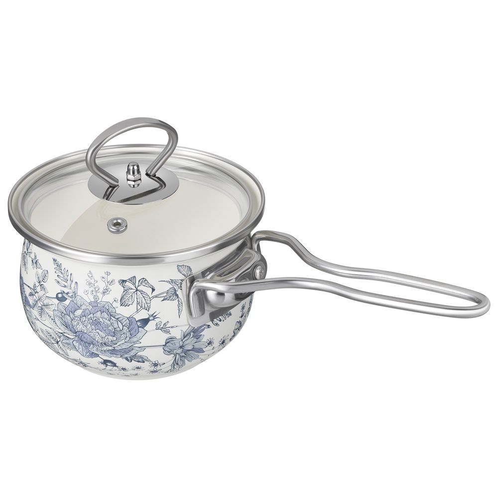 КОВШ AGNESS ЭМАЛИРОВАННЫЙ СО СТЕКЛЯННОЙ КРЫШКОЙ СЕРИЯ "ROYAL BLUE", 0,9 Л, ДИА. 14СМ