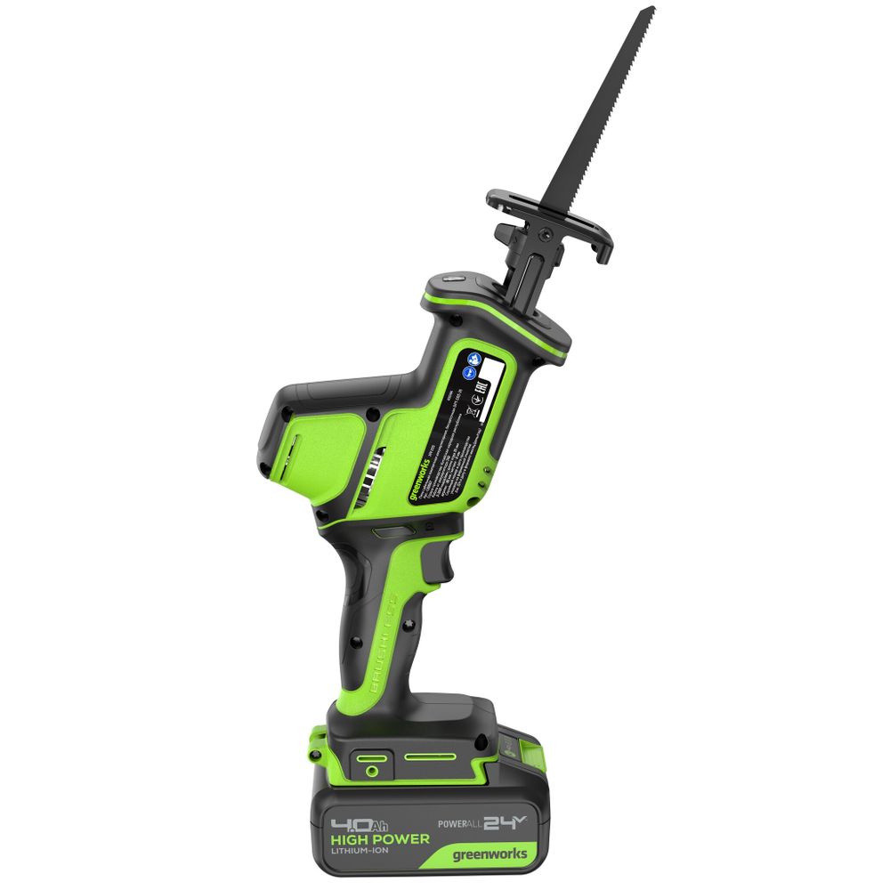 Пила сабельная акк. Greenworks GPT-CRS-25, 24V, б/щет, 0-3000/мин, рез 80 мм дер., LED, 1х4Ач,ЗУ,кор (1200507CUB)