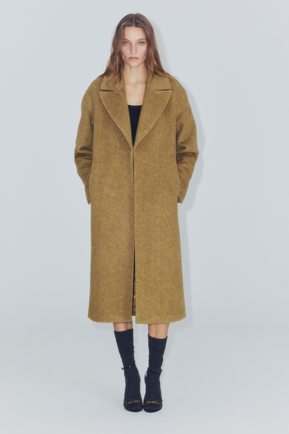 ZARA ДЛИННОЕ ПАЛЬТО ИЗ СМЕСОВОЙ ШЕРСТИ — ZW COLLECTION, ГОРЧИЧНЫЙ