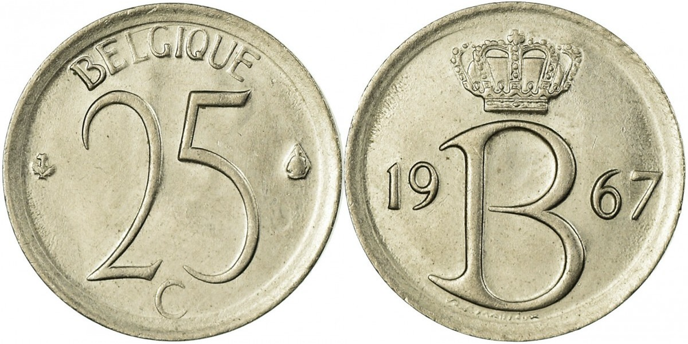 Бельгия 25 сантимов, 1964 - 1975 BELGIQUE XF